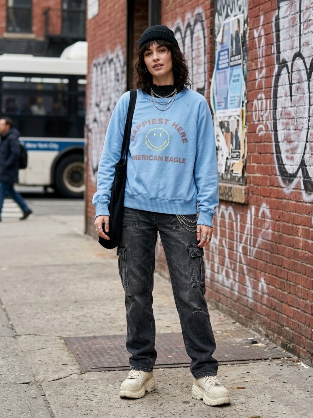 American Eagle Outfitters Light Blue Crewneck Embroidered Smile Graphic Small